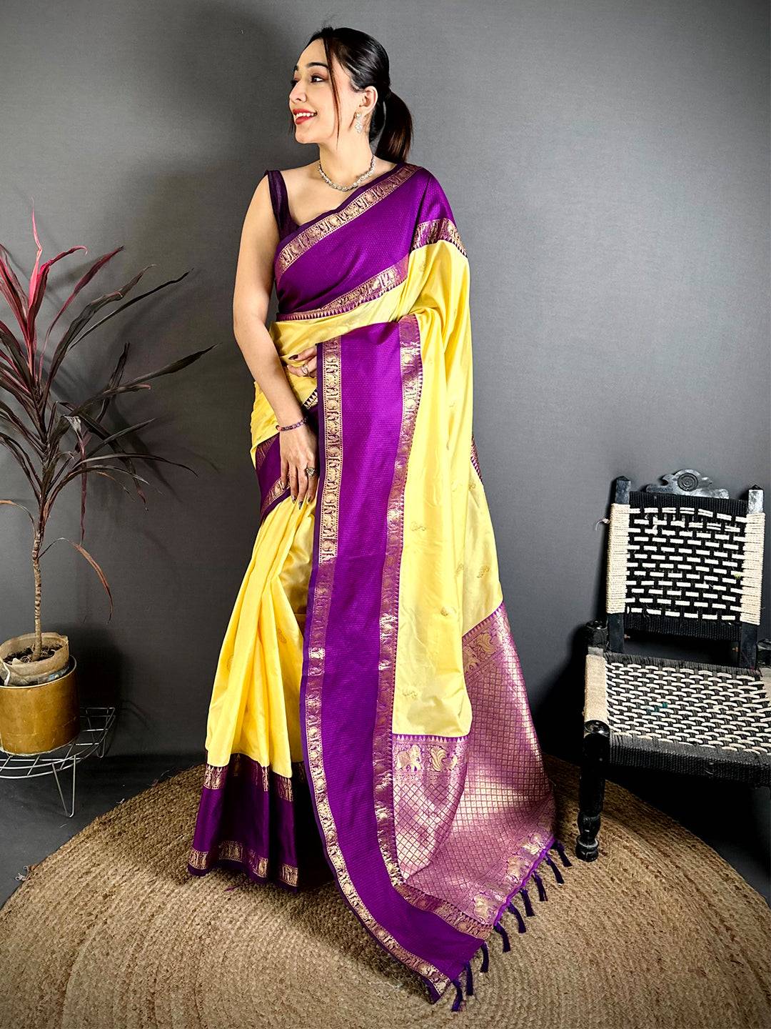 Lime Yellow Gadwal Pure Soft Silk Saree