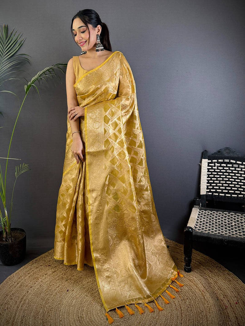 Yellow Tissue Jarokha Zari Weaving Saree