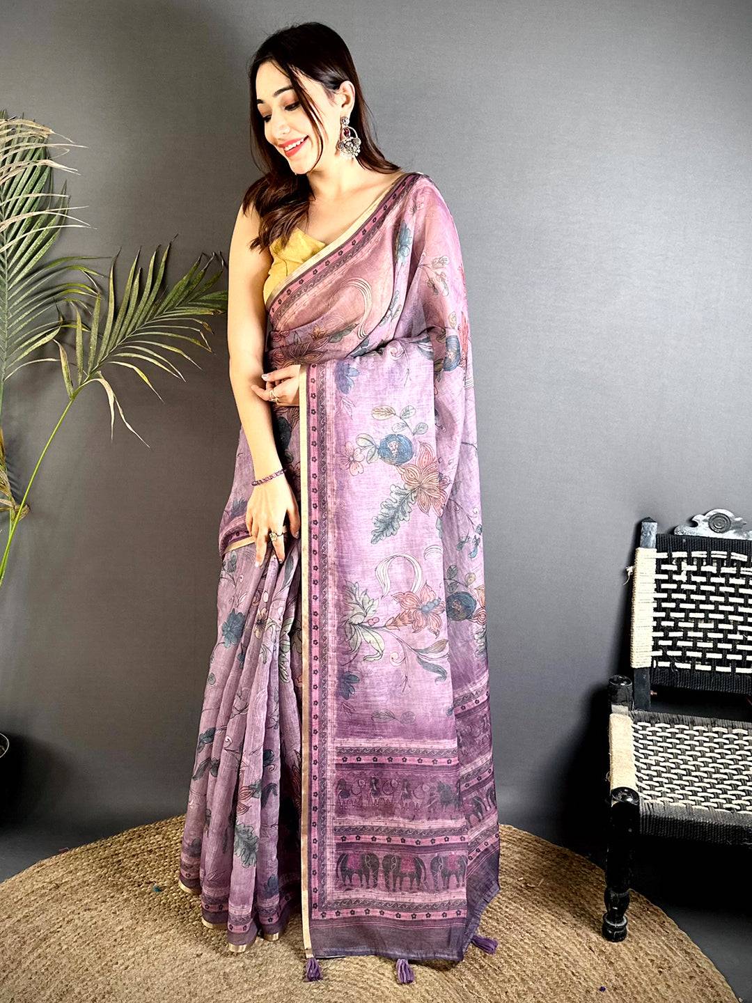 Artistic Dark Floral Linen Saree