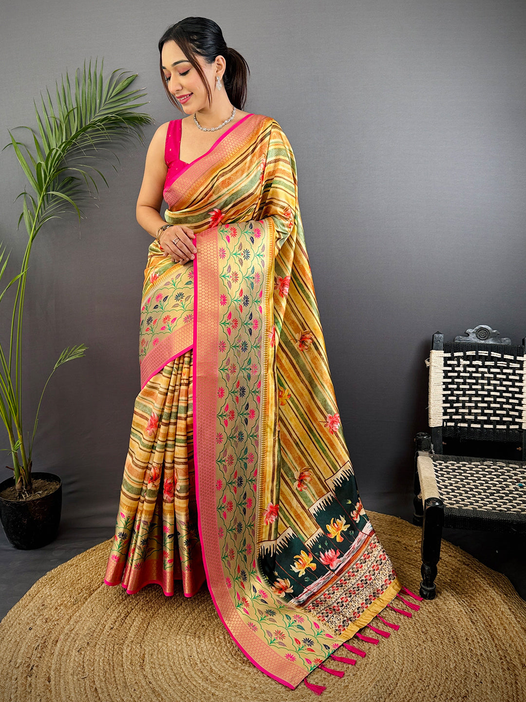 Yellow Freehand Digital Print Soft Silk Saree