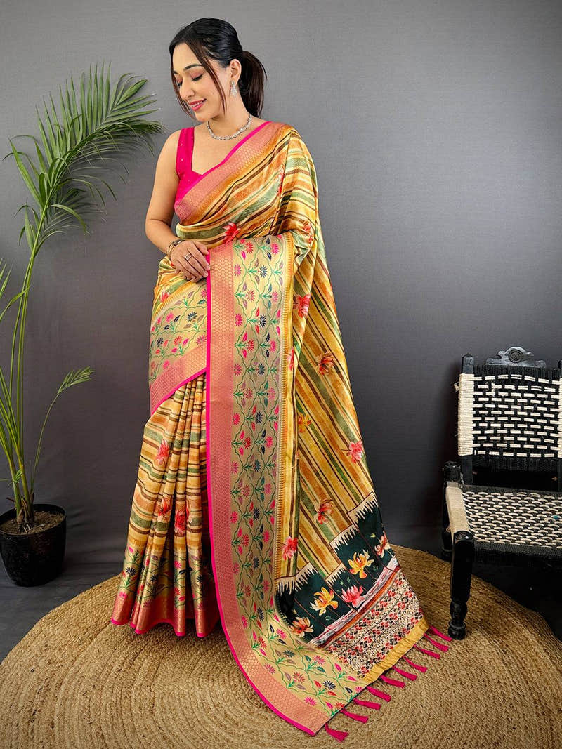Yellow Freehand Digital Print Soft Silk Saree
