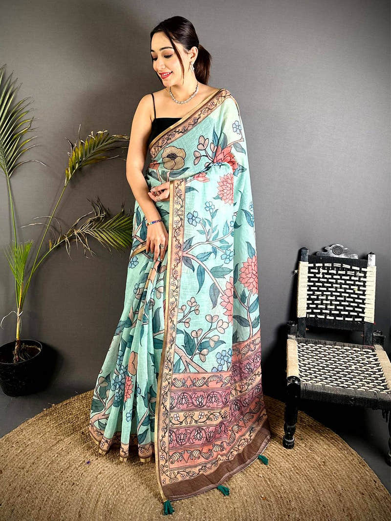 Aqua Floral Soft Linen Summer Saree