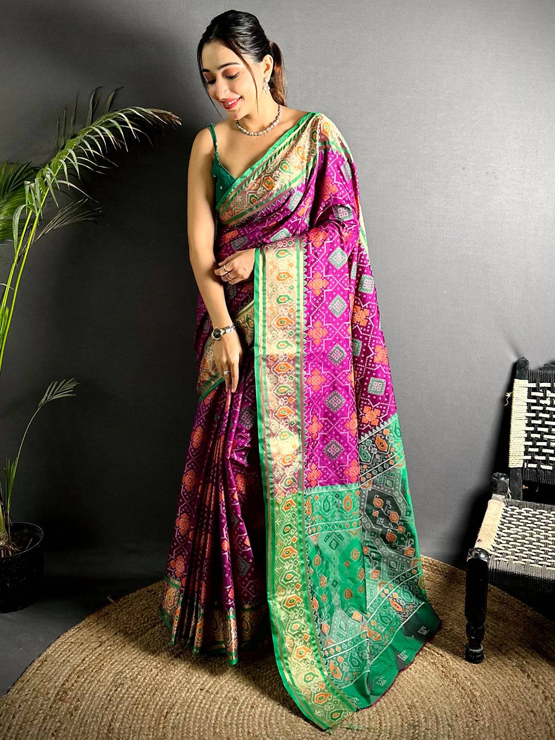 Wine Soft Silk Saree With Patola Weaving