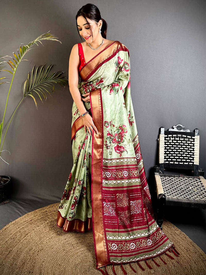 Regal Pista Floral Dola Silk Saree