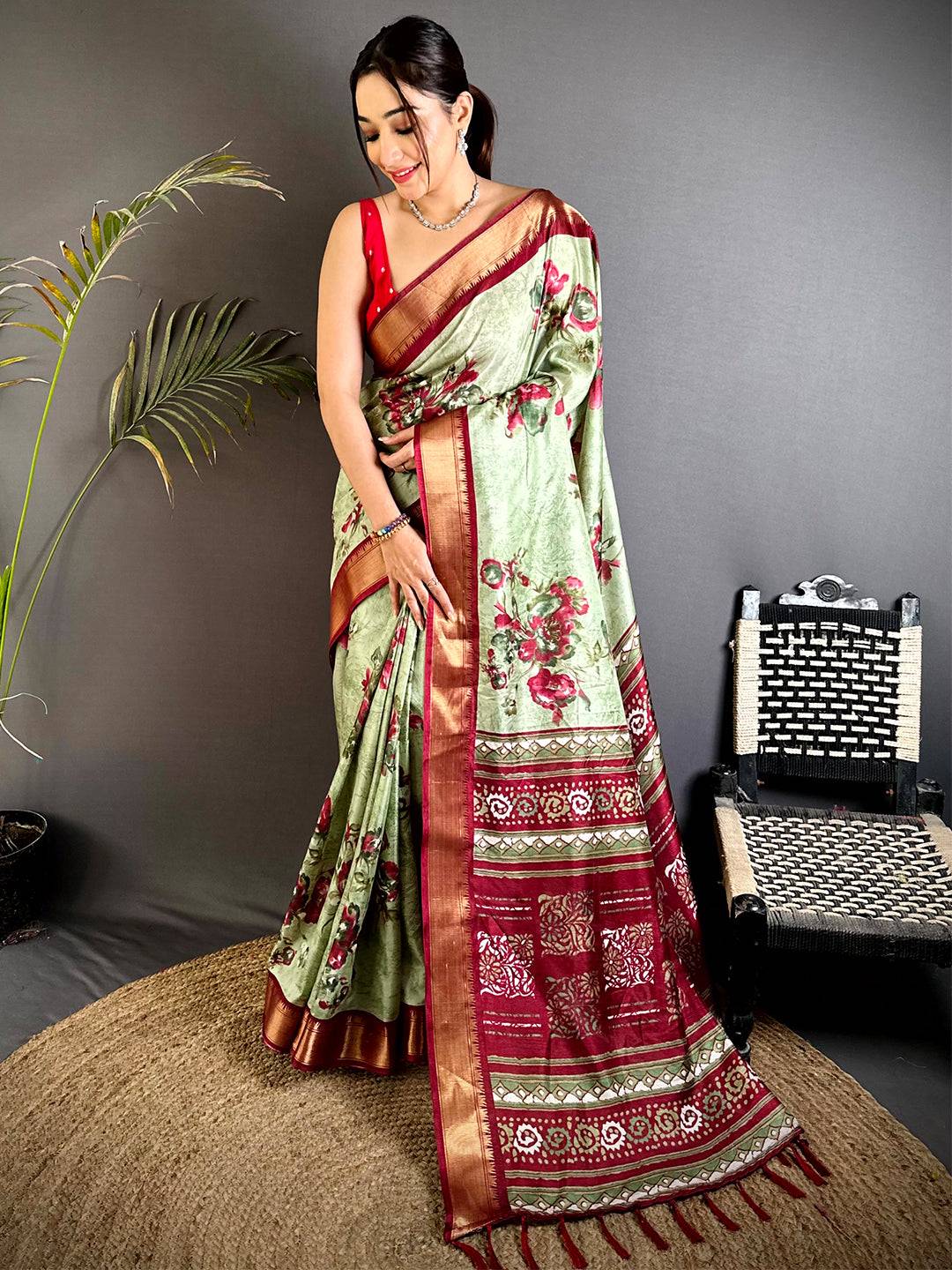 Regal Pista Floral Dola Silk Saree