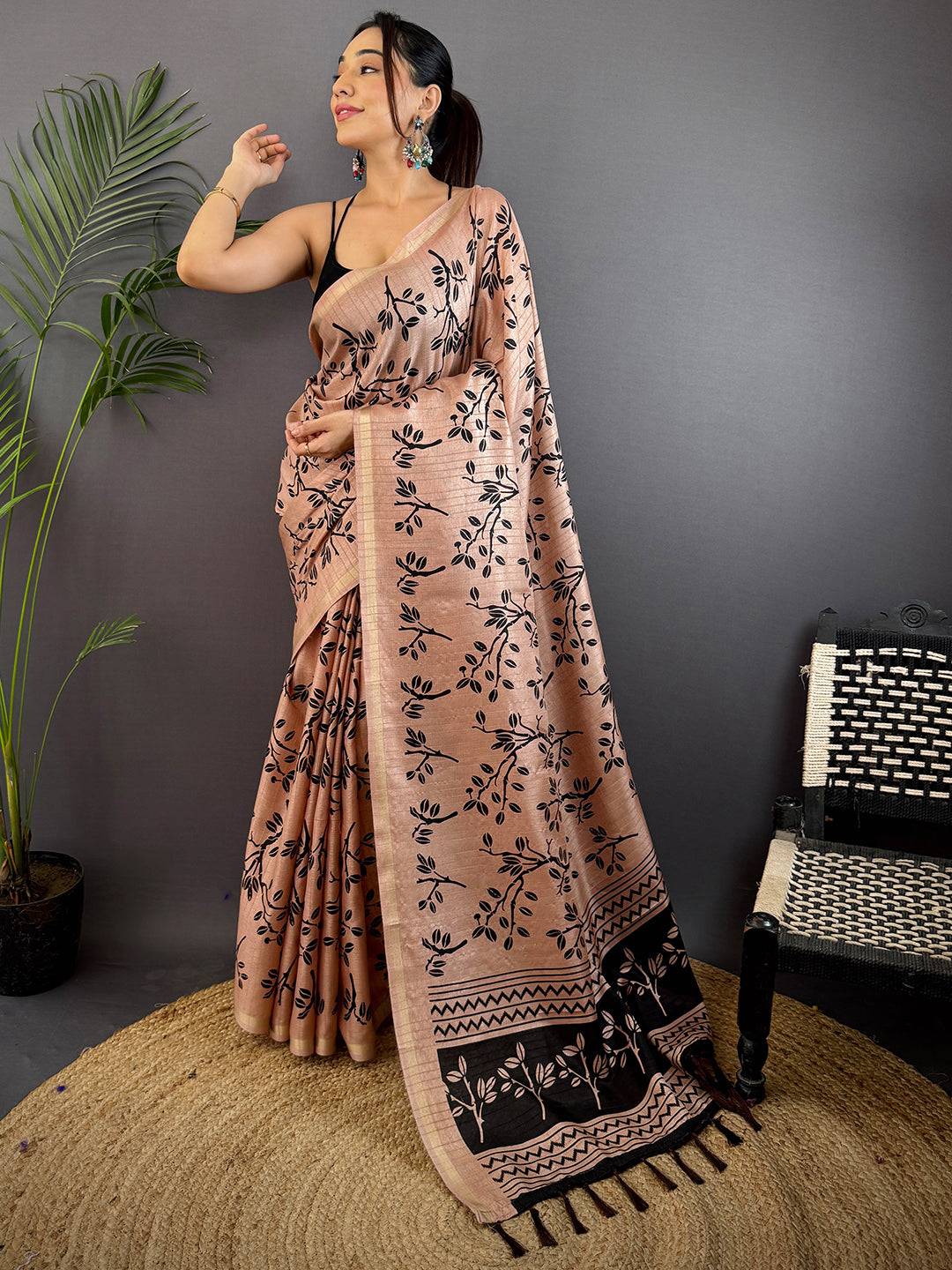 Peach Ghicha Leaf Print Saree