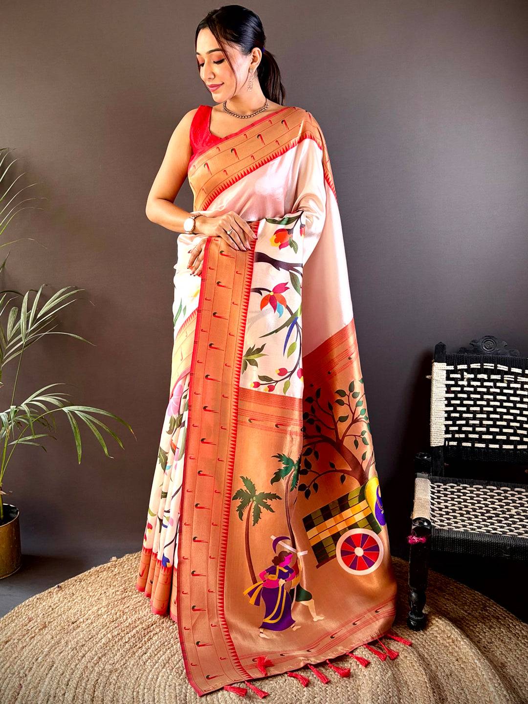 Snow White Minakari Soft Silk Saree