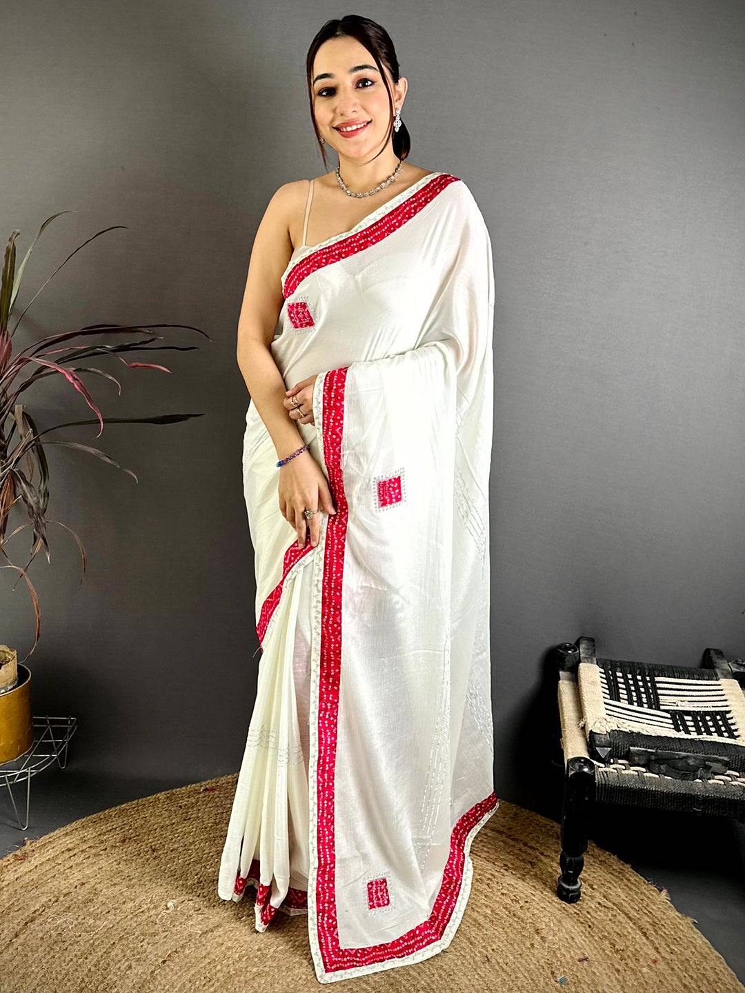 Pink Bandhej Butta Chiffon Saree