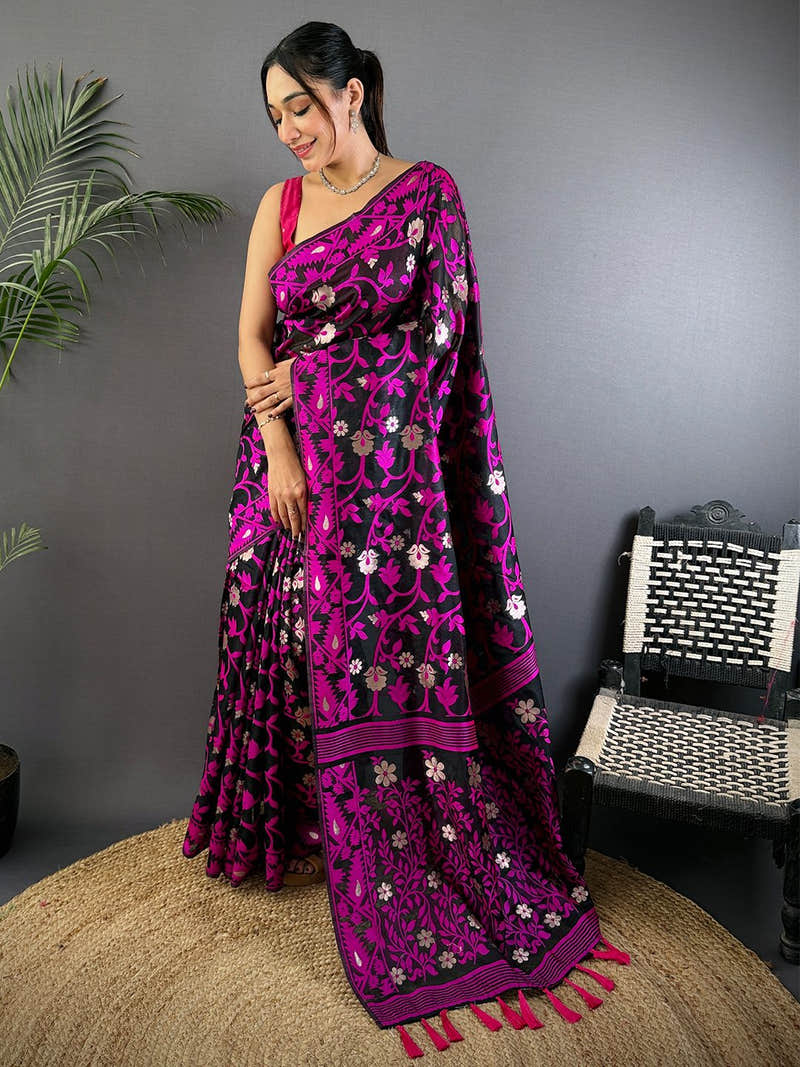 Black Dhakai Jamdani Cotton Silk Saree