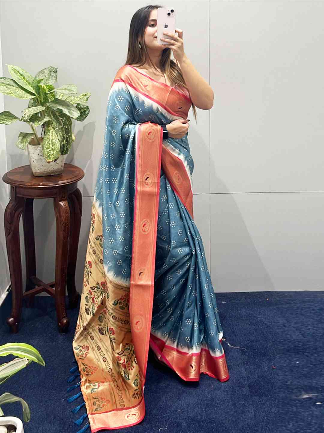 Elegant Bandhani saree with intricate Minakari pallu design