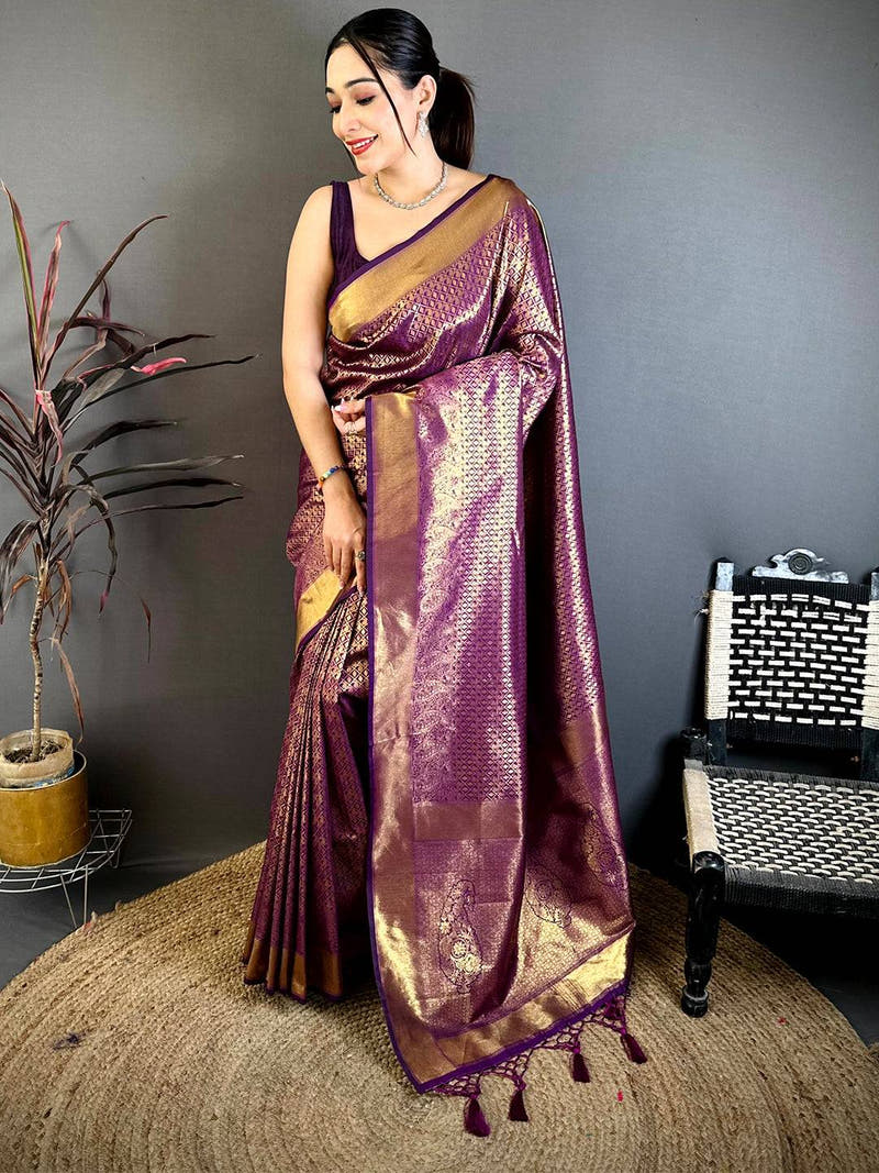 Radiant Wine Kanjivaram Zari Silk Saree