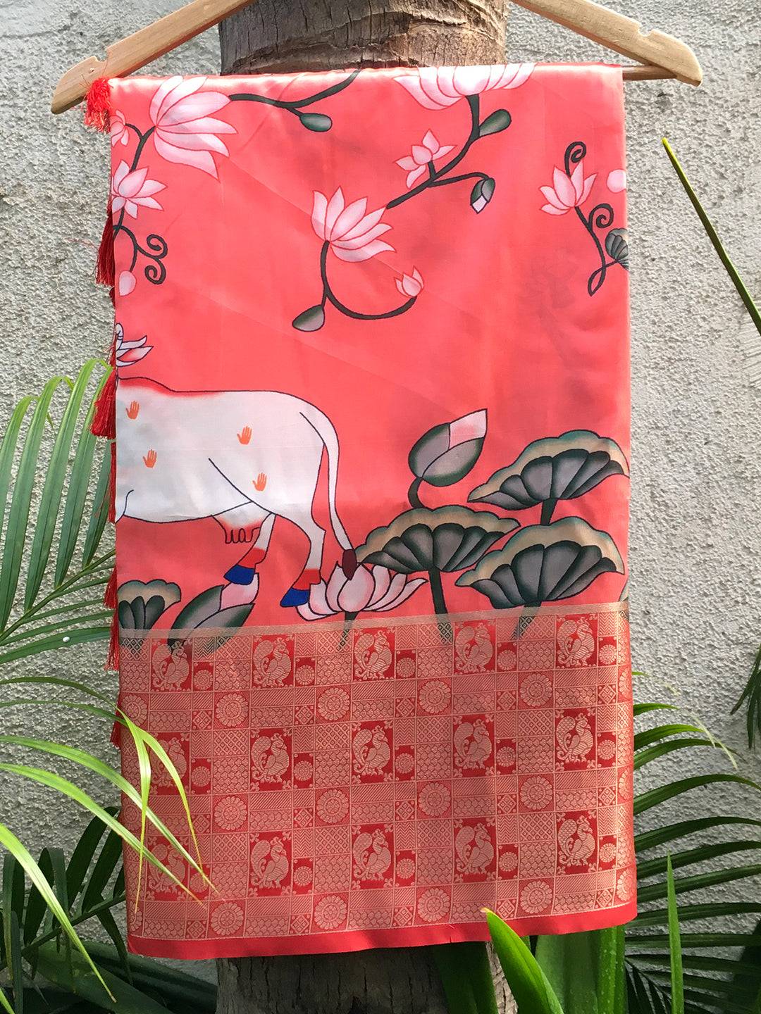 Silk Pichwai digital print pink saree with floral design