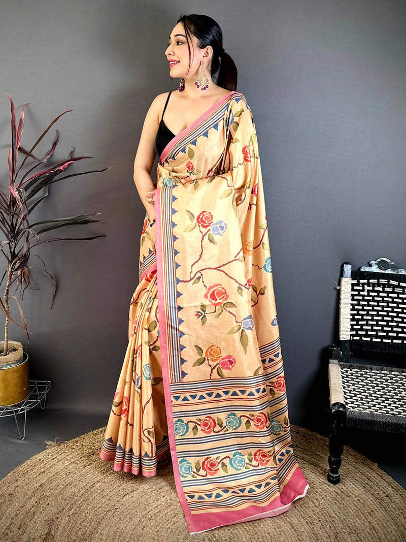Royal 3D Embroidered Print Tussar Saree