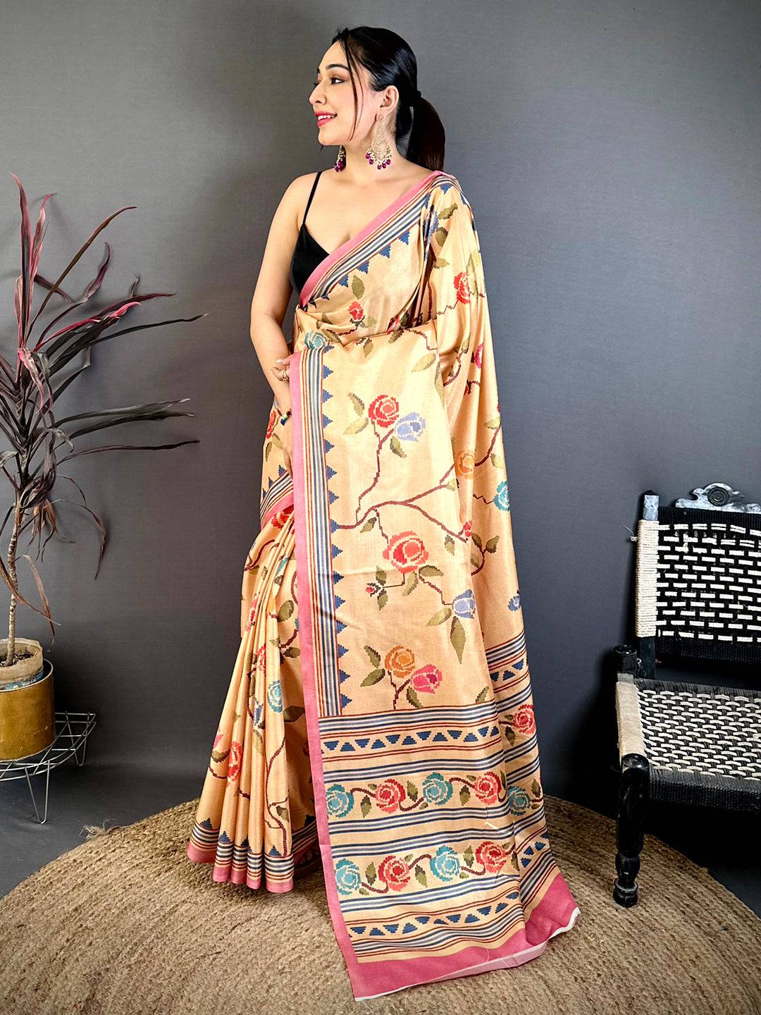 Royal 3D Embroidered Print Tussar Saree