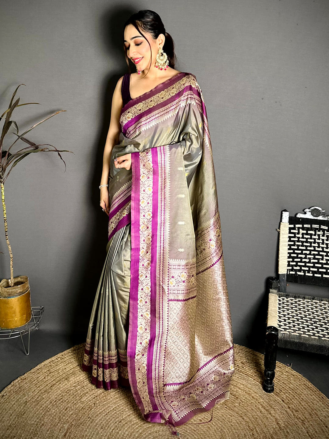 Gold Zari Woven Grey Soft Silk Saree