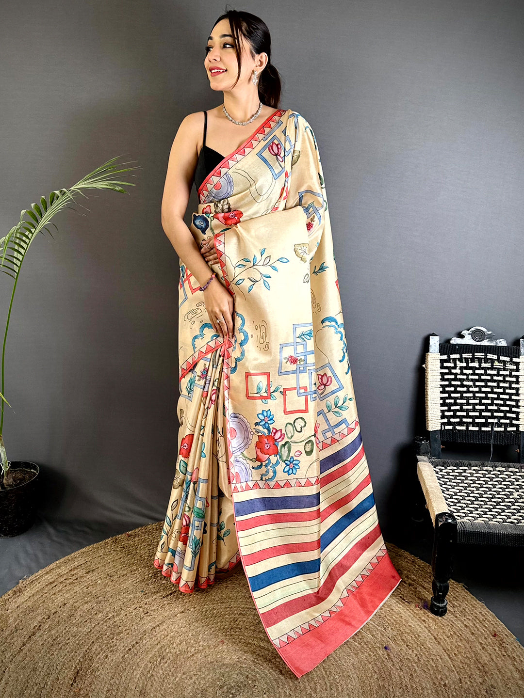 Cream Semi Tussar Striped Pallu Saree