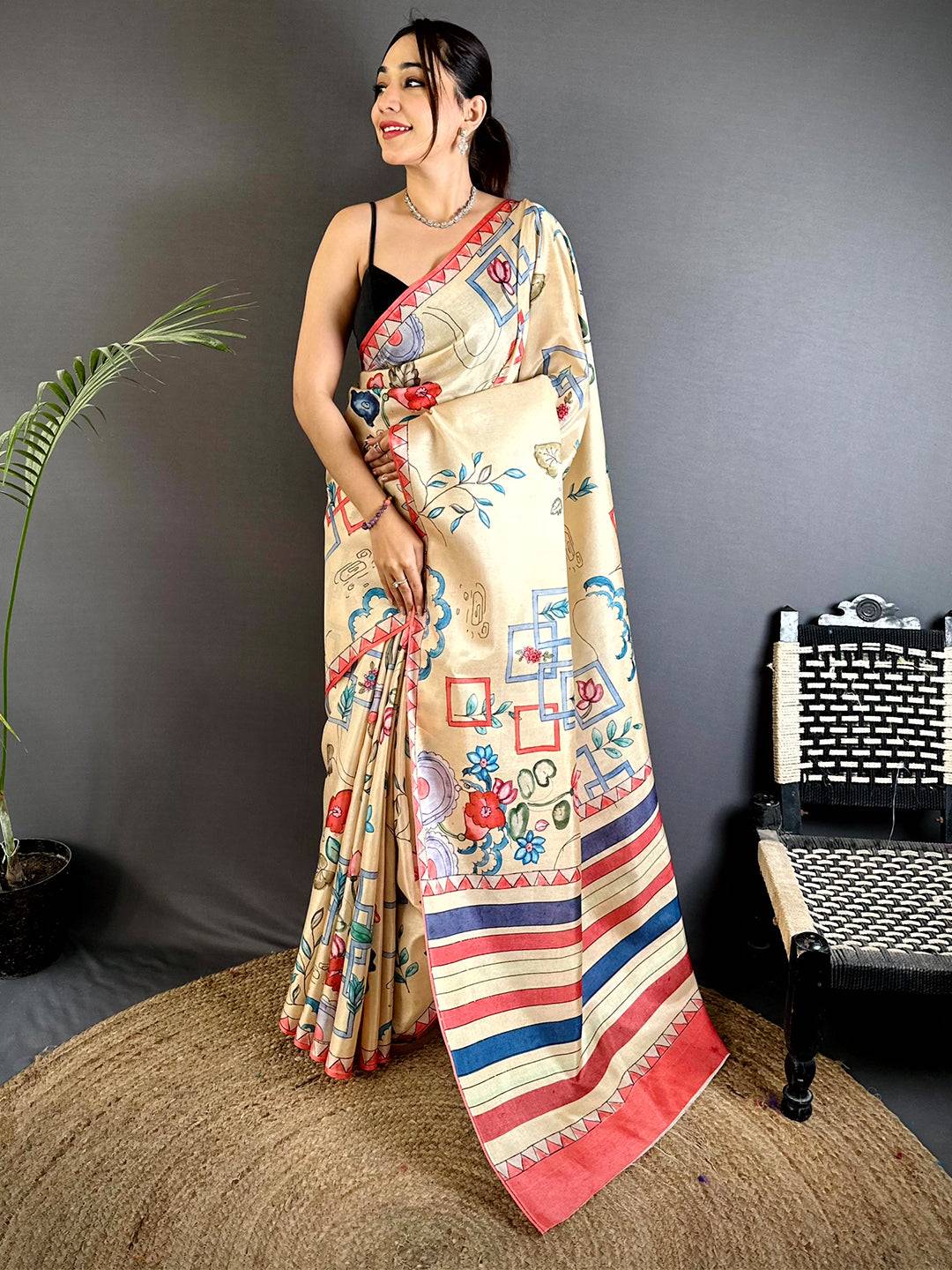 Cream Semi Tussar Striped Pallu Saree