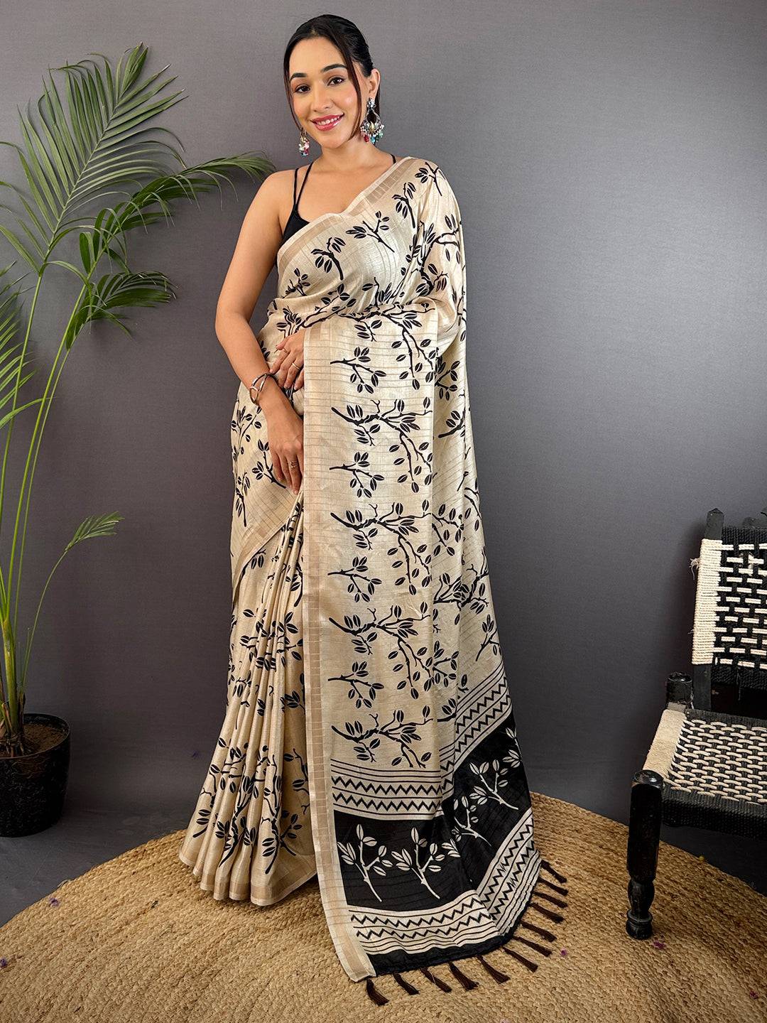 Cream Ghicha Leaf Print Saree