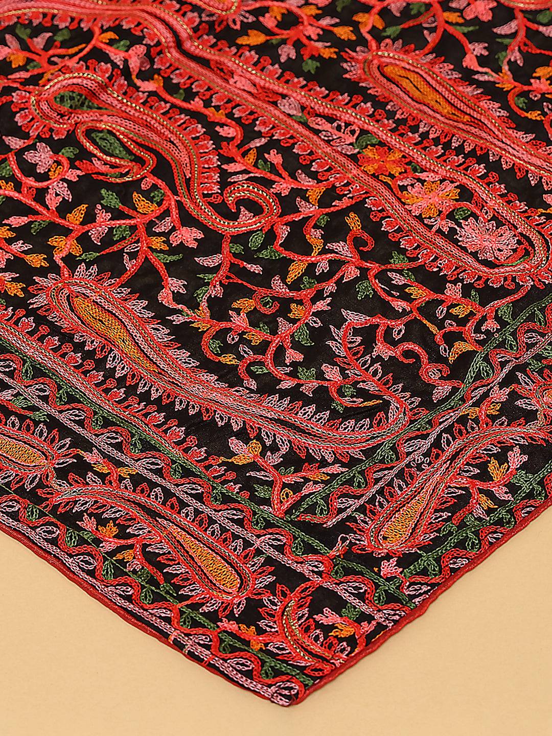 Close-up of black poly chiffon dupatta with colorful threadwork