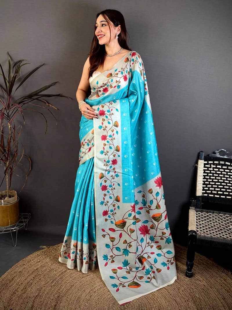 Sky Blue Soft Tussar Pichwai Print Saree