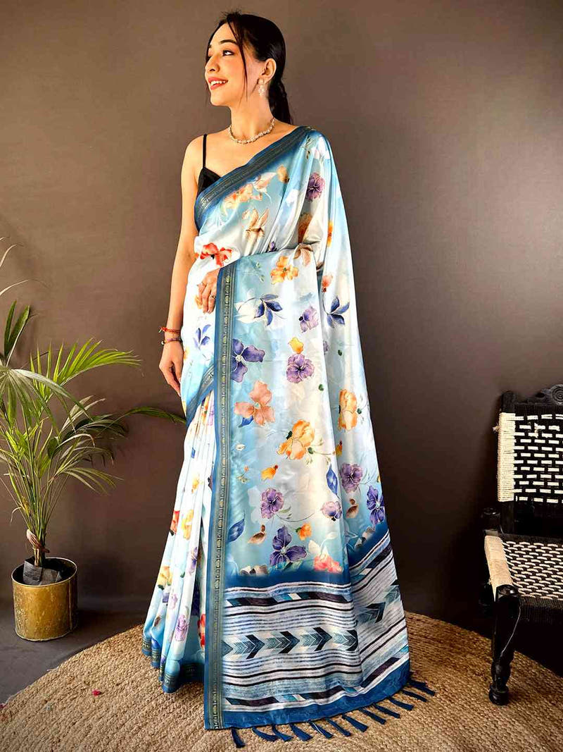 Aqua Floral Digital Print Silk Saree