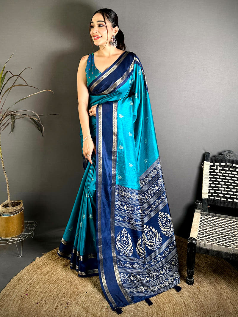 Teal Soft Dola Block Print Pallu Saree
