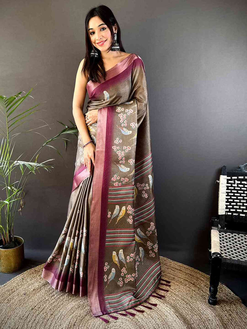 Brown Chanderi Check Sparrow Print Saree