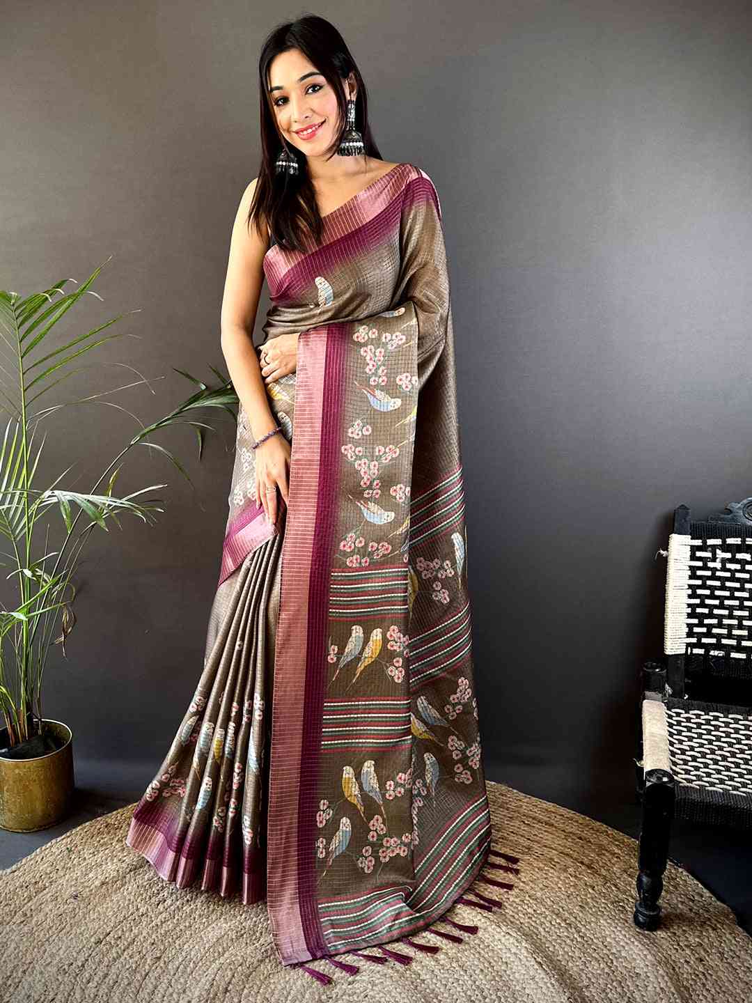Brown Chanderi Check Sparrow Print Saree