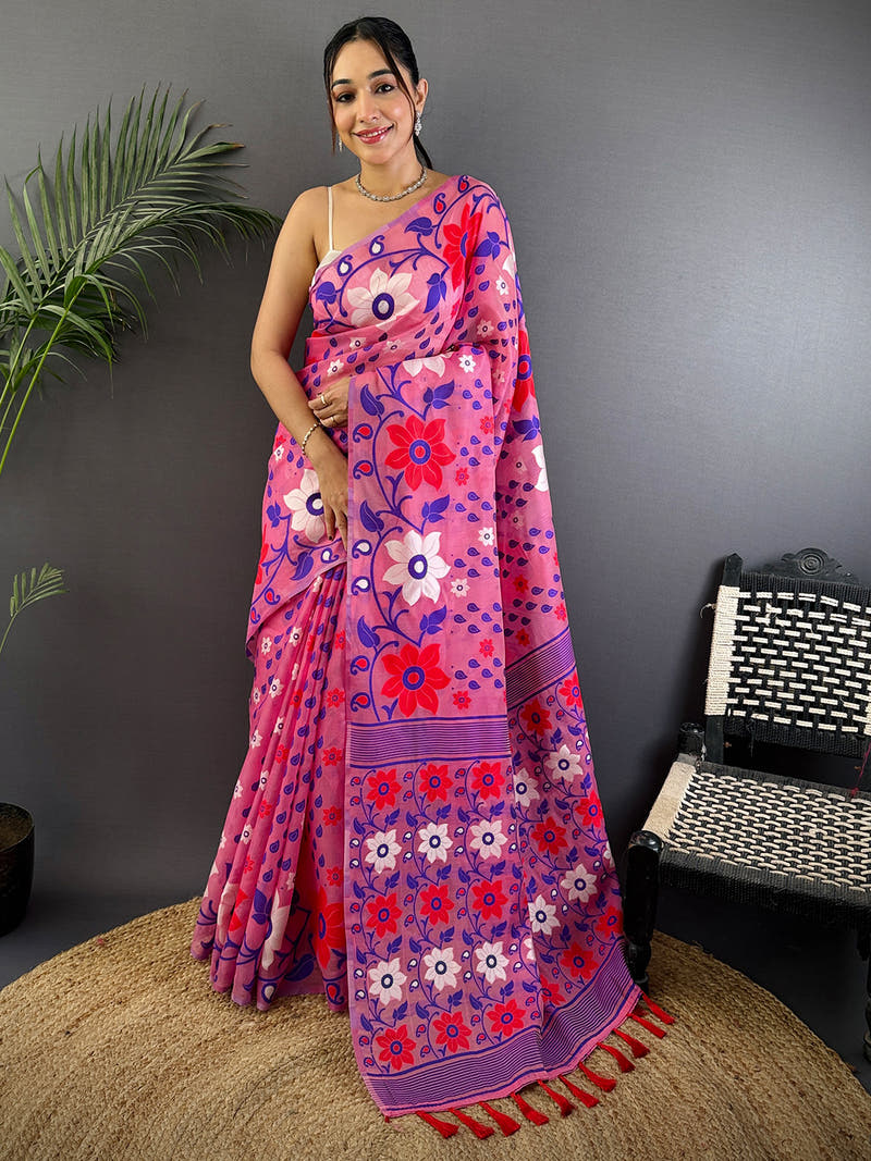 Rose Pink Dhakai Jamdani Cotton Silk Saree