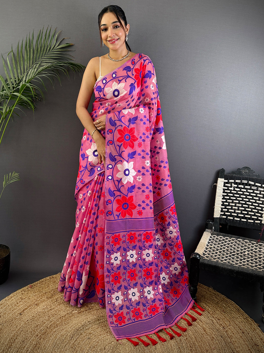 Rose Pink Dhakai Jamdani Cotton Silk Saree