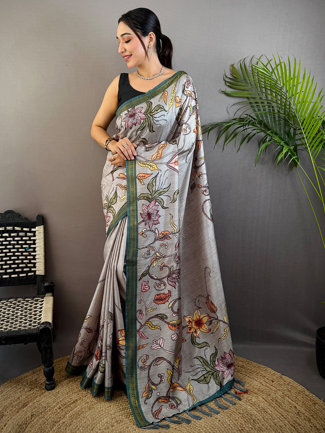Grey Soft Silk Floral Print Saree