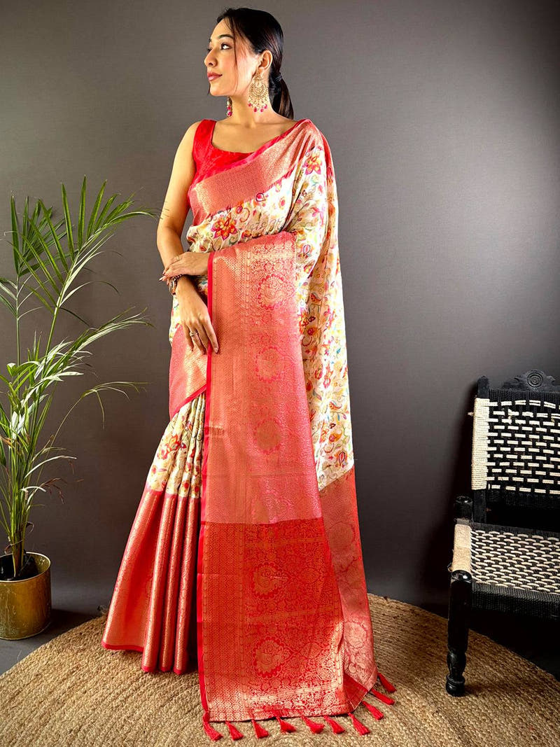 White Banarasi Silk Saree With Kanchi Pattu Border