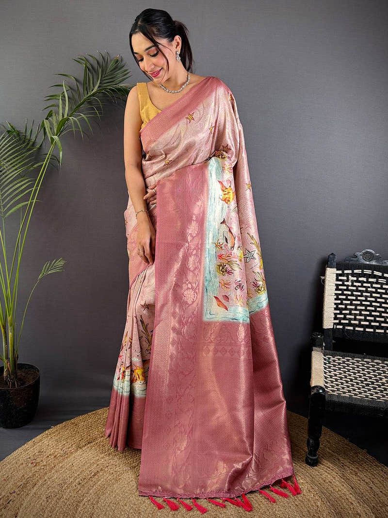 Rust Pink Kanjivaram Silk Digital Print Saree