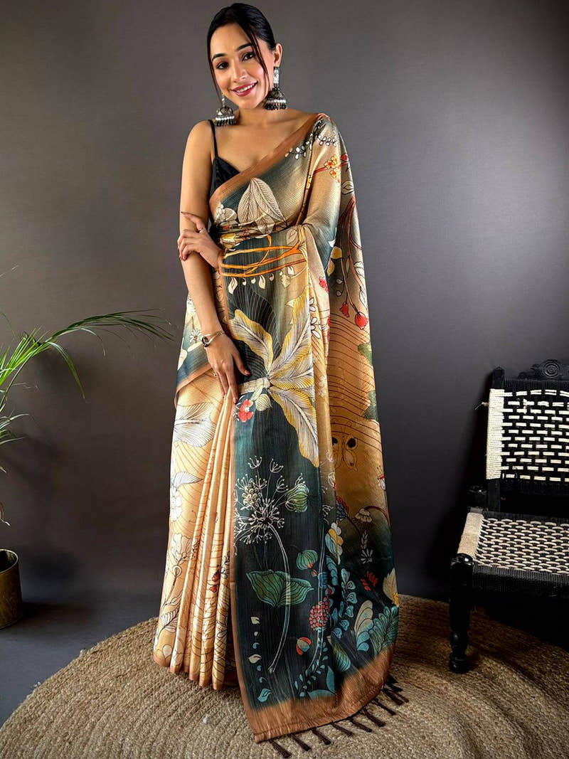Peach Semi Gold Zari Botanical Tussar Saree