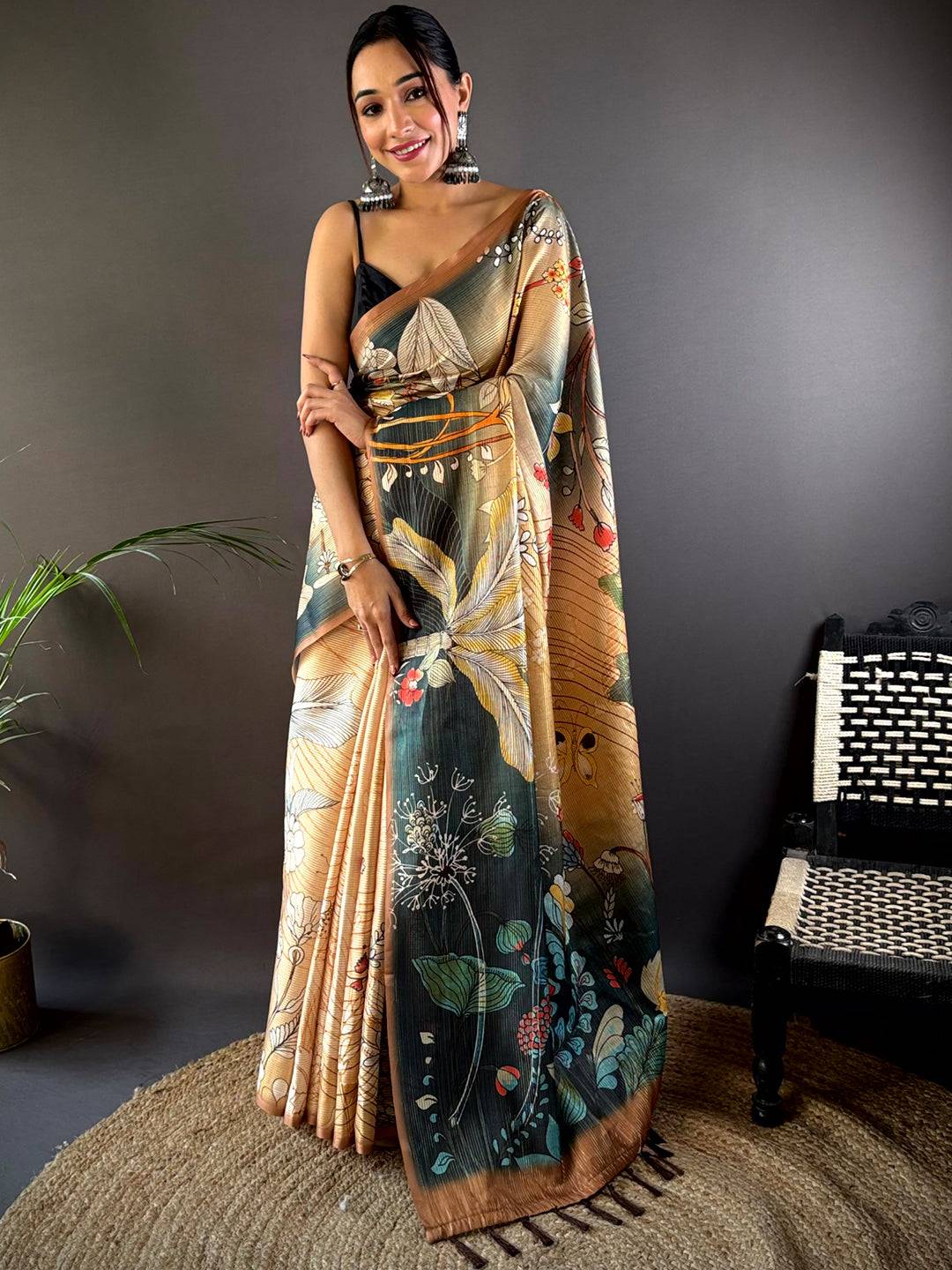 Peach Semi Gold Zari Botanical Tussar Saree