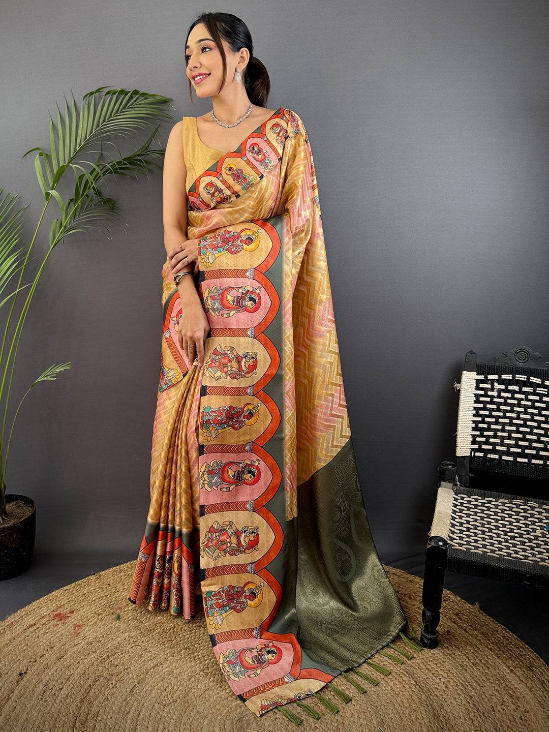 Mustard Yellow Madhubani Print Soft Silk Saree