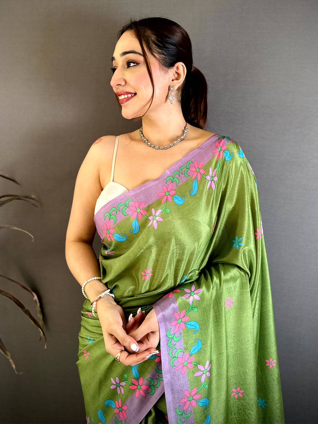 Elegant Floral Printed Green Chiffon Saree