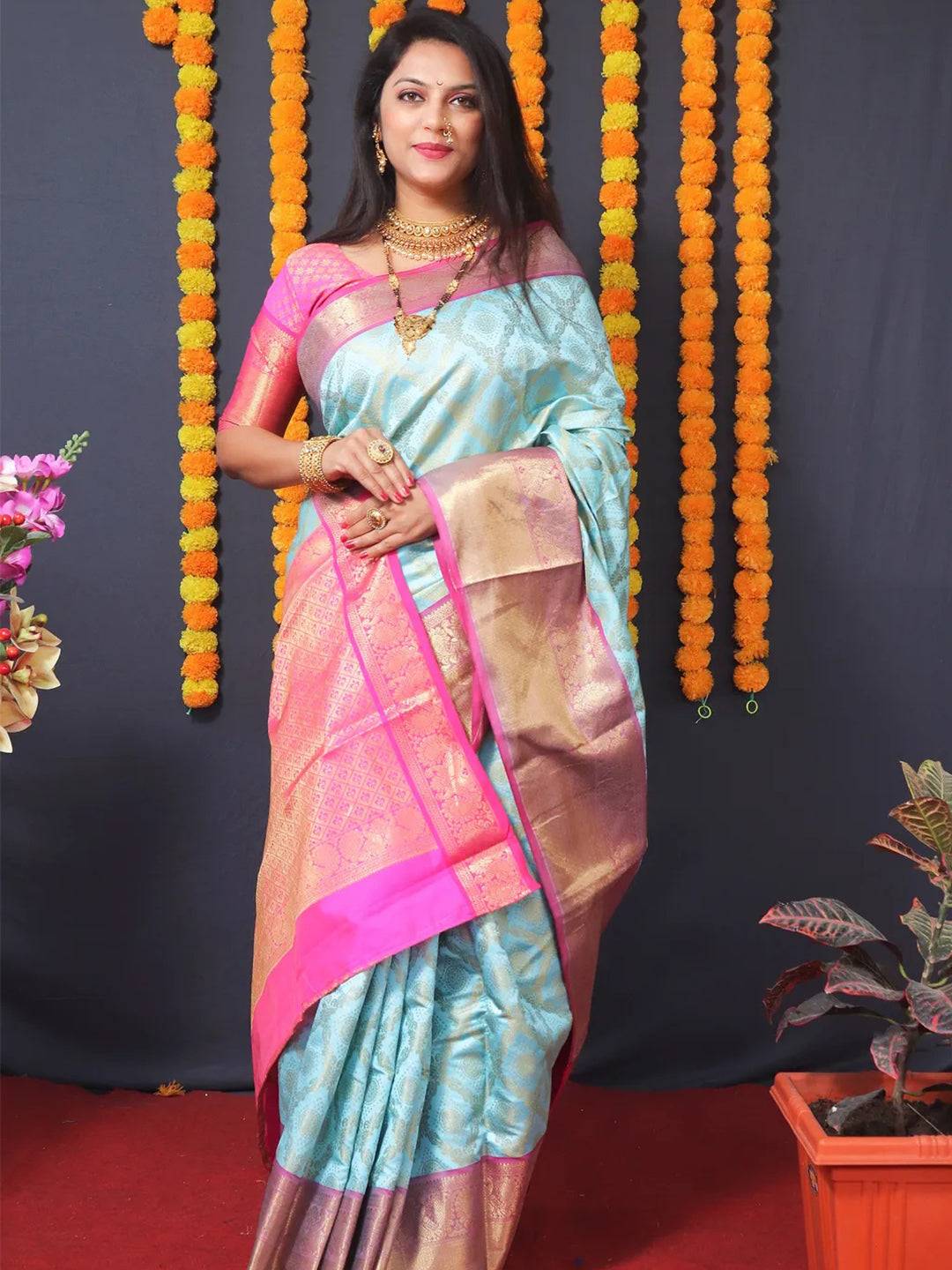 Aqua Banarasi Brocade Saree