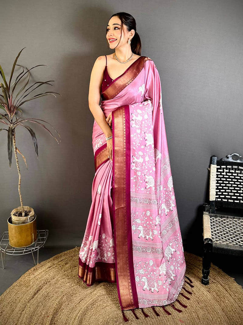 Pink Soft Dola Block Kalamkari Zari Saree