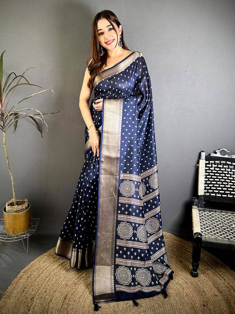 Navy Blue Small Leaf Butti Dola Saree