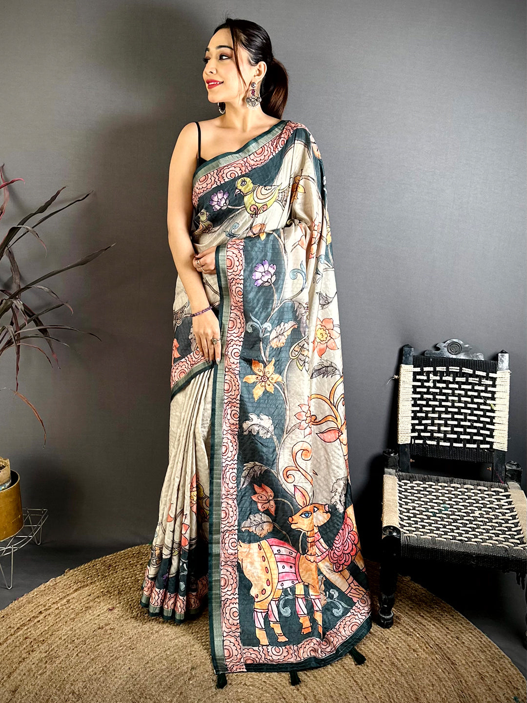 Stylish Tussar Kalamkari Art Saree