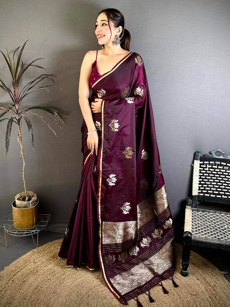 Wine Bird Weaving Mashru Satin Saree