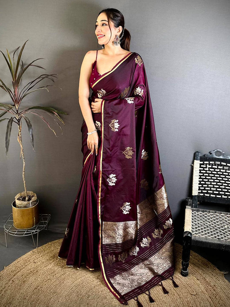 Wine Bird Weaving Mashru Satin Saree