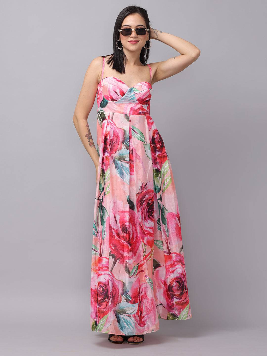 Rose Mist Chiffon Printed Dress with sunglasses