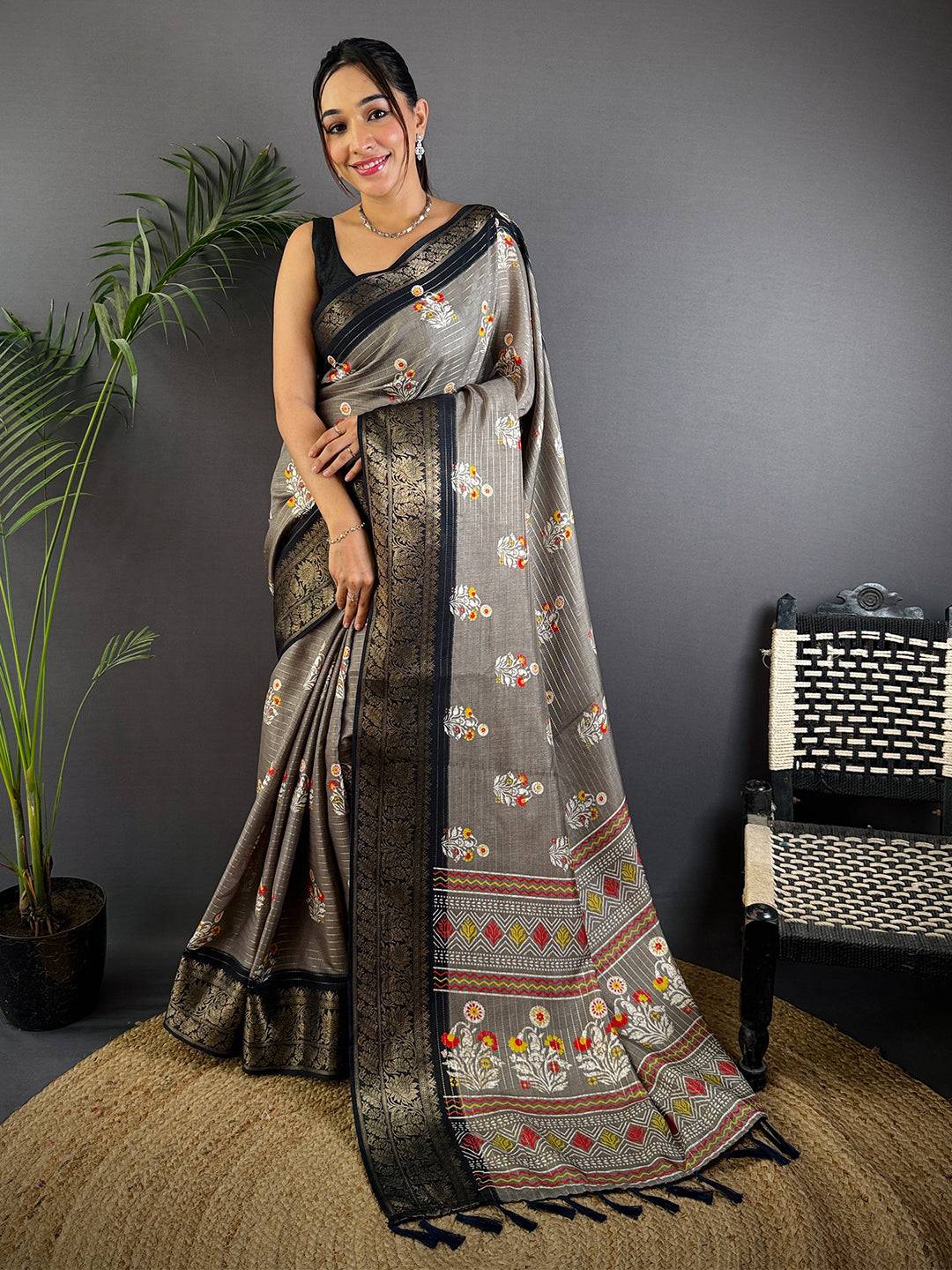 Grey Dola Silk Ajrakh Saree