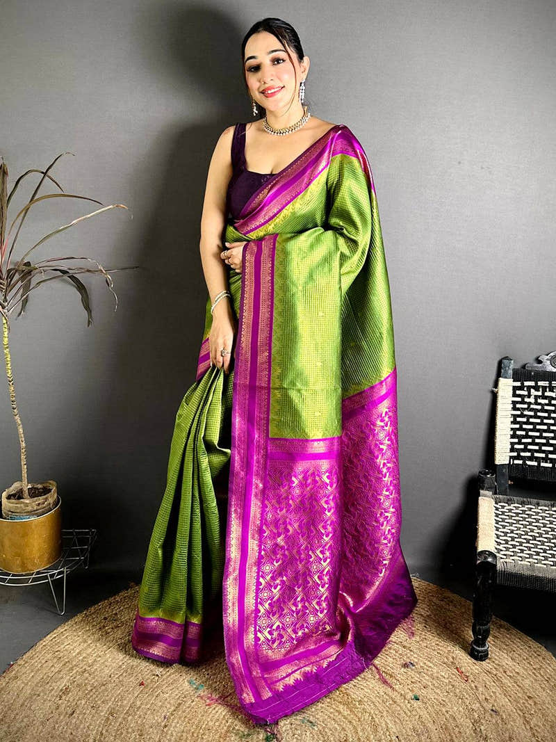 Lime Green Banarasi Katan Silk Gadwal Zari Saree