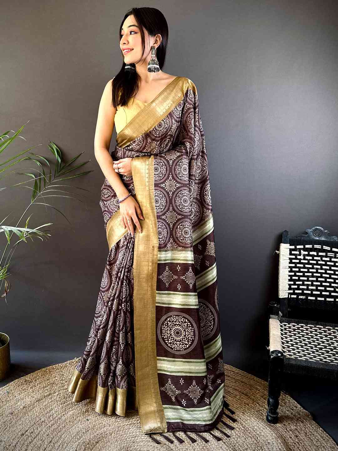 Brown Soft Manipuri Silk Bandhej Saree