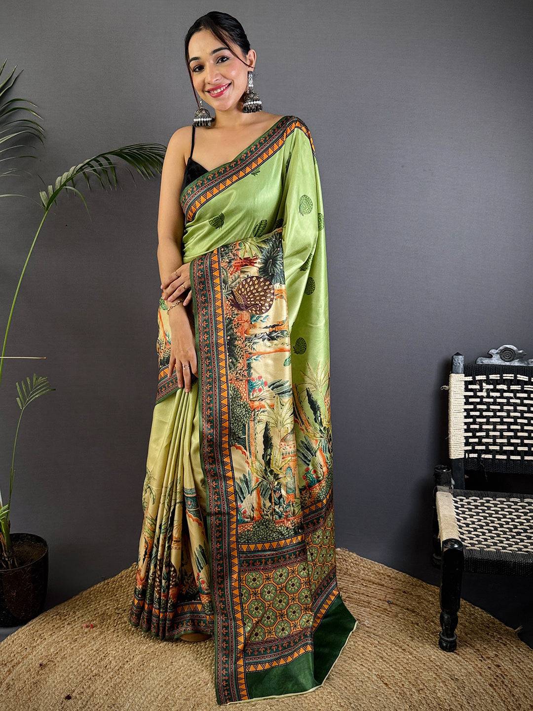 Olive Soft Dola Silk Printed Saree