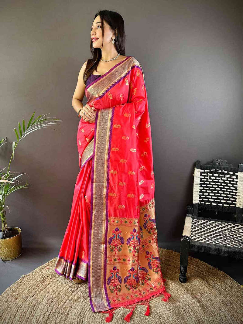 Traditional Gajri Colour Yevla Paithani Minakari Work Silk Saree