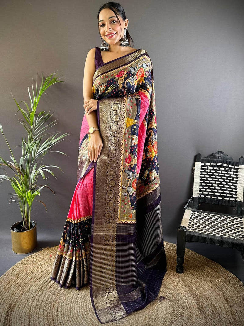 Artful Kalamkari Viscose Dola Silk Saree